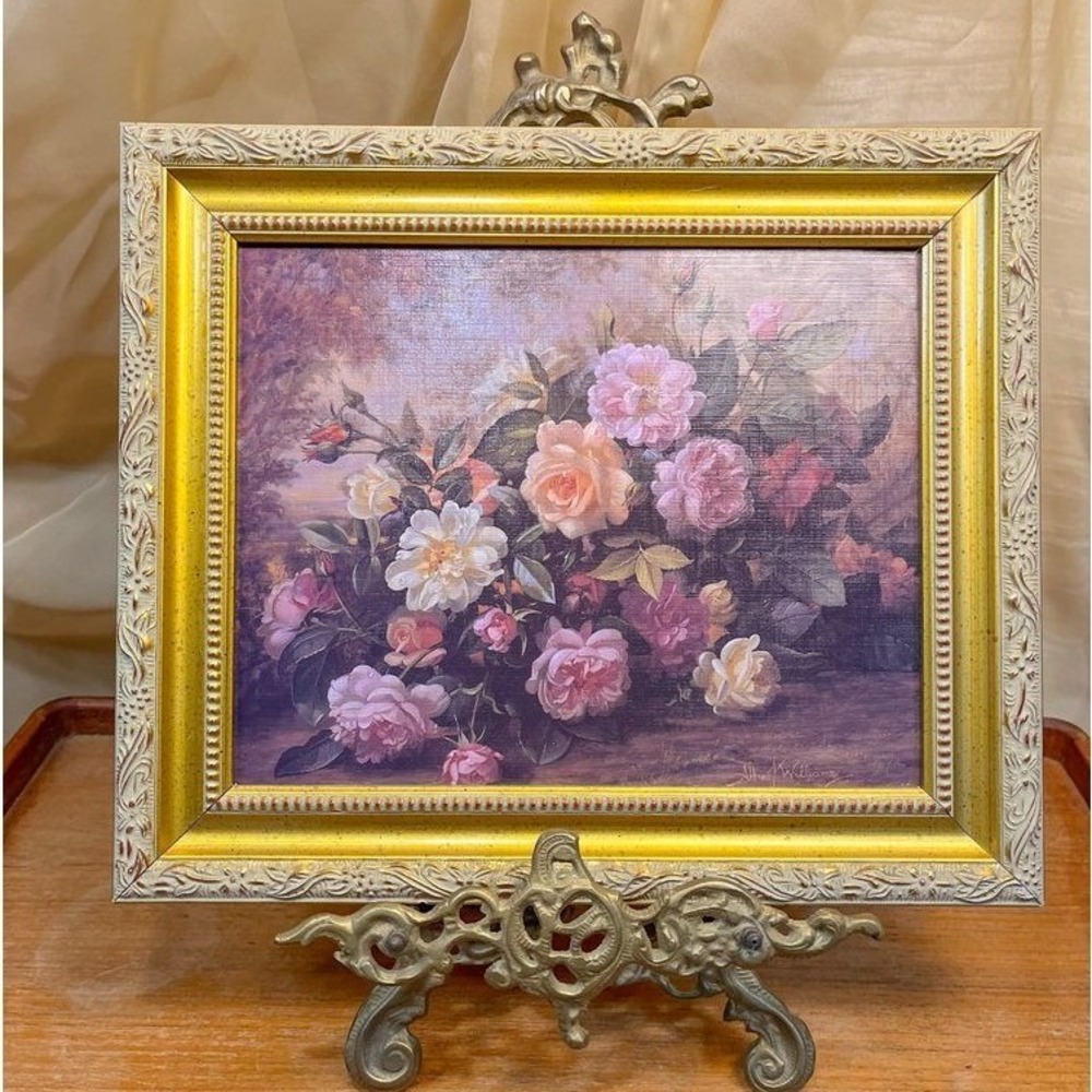 Elegant Floral Still Life  in Ornate Gold Frame